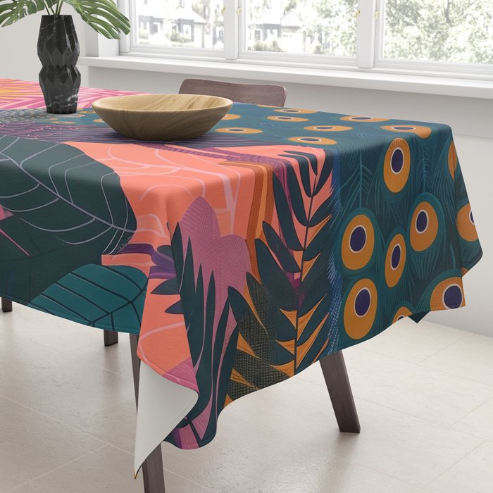 Tropical Peacock Among Pink Blossoms Tablecloth Gallery Image 3