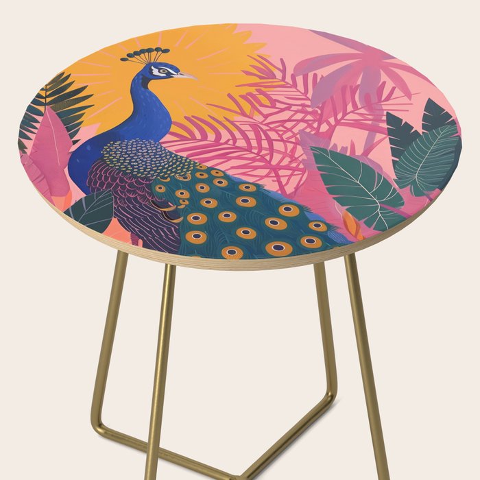 Tropical Peacock Among Pink Blossoms Side Table Gallery Image 2