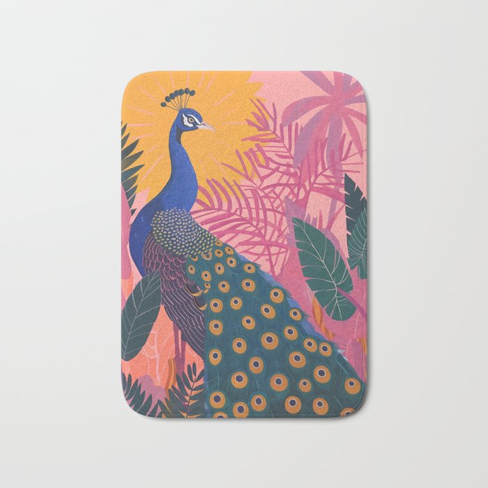 Tropical Peacock Among Pink Blossoms Bath Mat Gallery Image 1