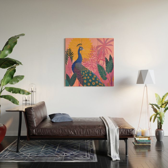 Tropical Peacock Among Pink Blossoms Wood Wall Art Gallery Image 2