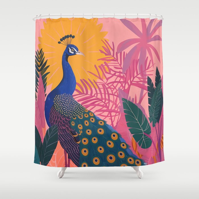 Tropical Peacock Among Pink Blossoms Shower Curtain Gallery Image 1