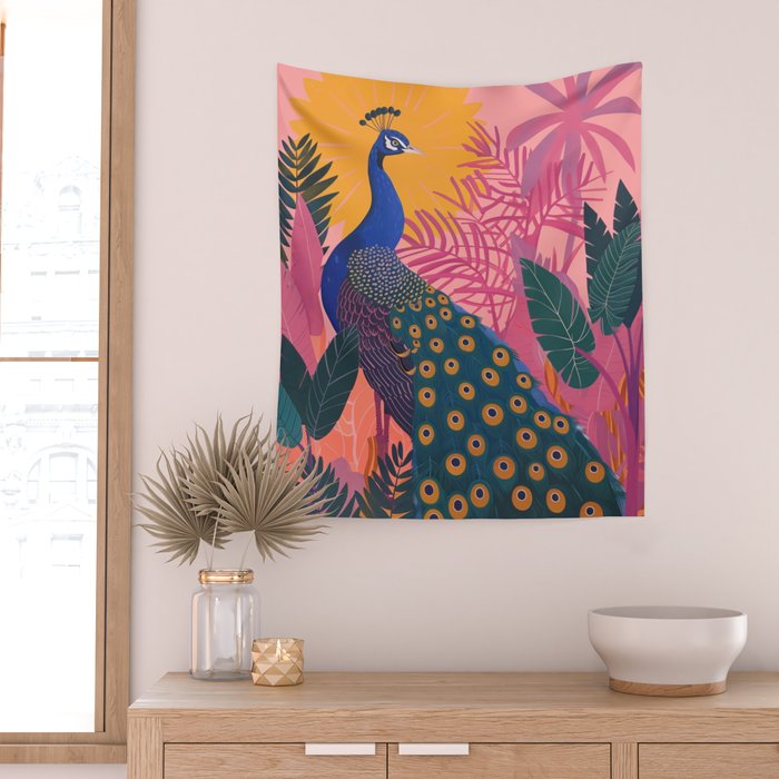 Tropical Peacock Among Pink Blossoms Wall Tapestry Gallery Image 2