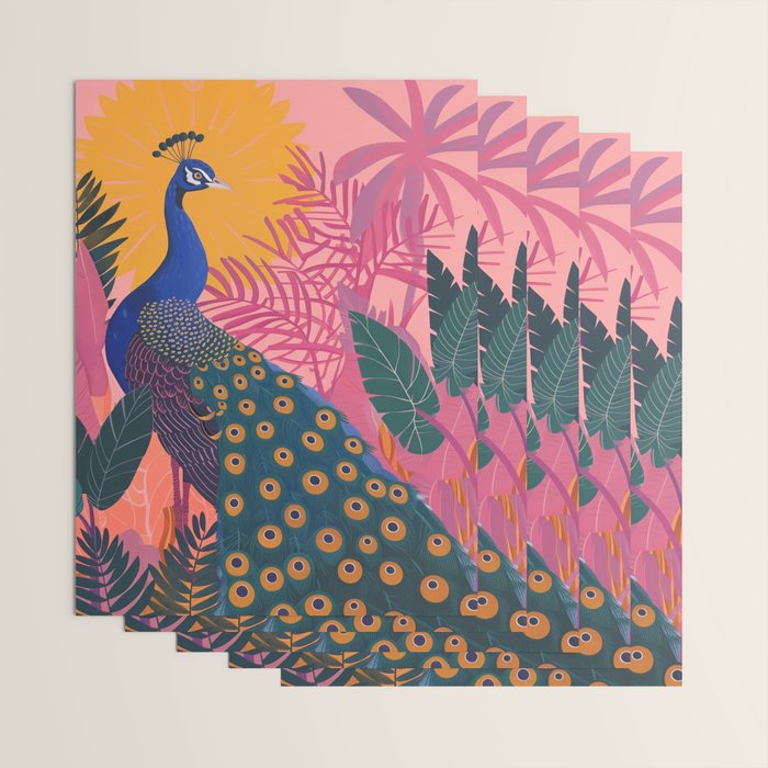 Tropical Peacock Among Pink Blossoms Wrapping Paper Gallery Image 3