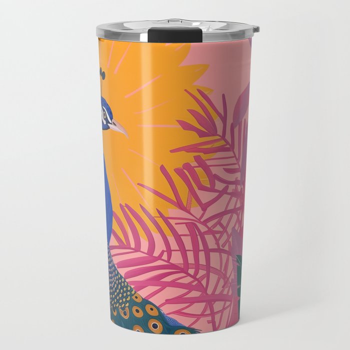 Tropical Peacock Among Pink Blossoms Travel Mug Gallery Image 1