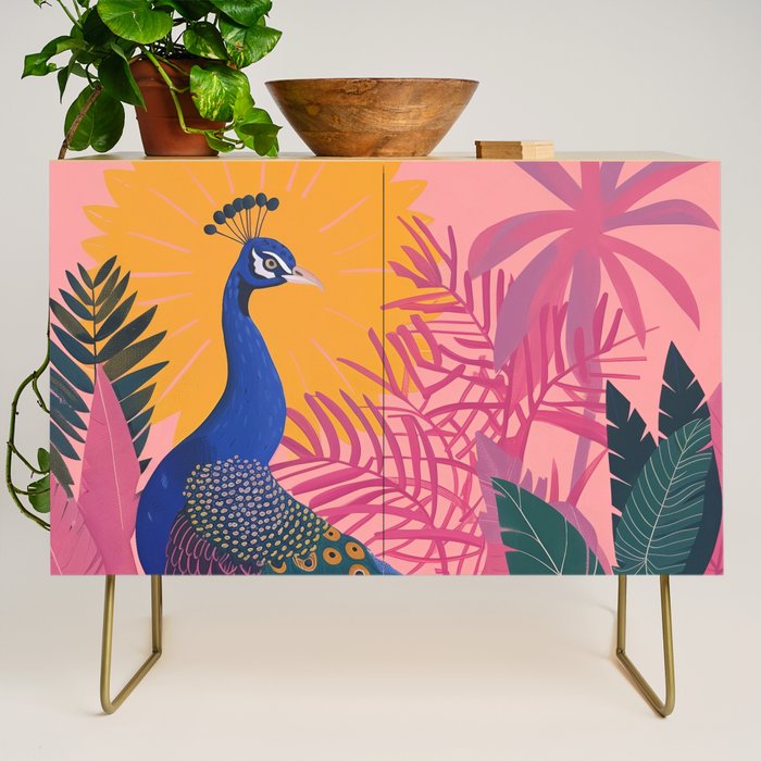 Tropical Peacock Among Pink Blossoms Credenza Gallery Image 1