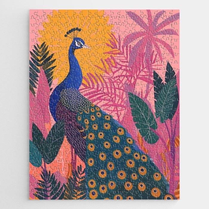 Tropical Peacock Among Pink Blossoms Jigsaw Puzzle Gallery Image 1