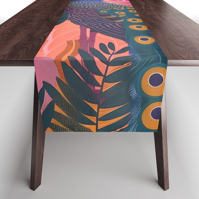 Tropical Peacock Among Pink Blossoms Table Runner Gallery Image 1