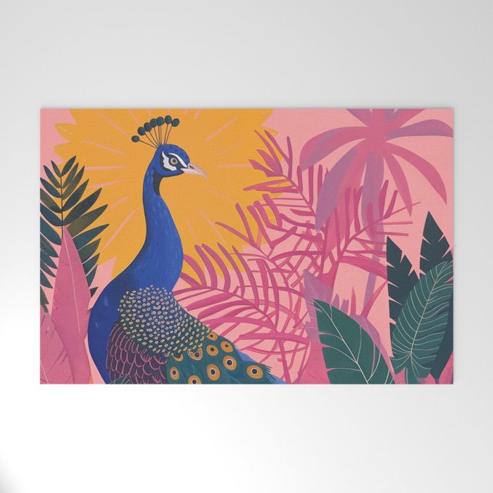 Tropical Peacock Among Pink Blossoms Welcome Mat Gallery Image 1