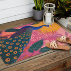 Tropical Peacock Among Pink Blossoms Outdoor Rug Gallery Image 2