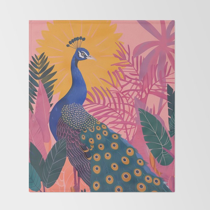 Tropical Peacock Among Pink Blossoms Throw Blanket Gallery Image 2