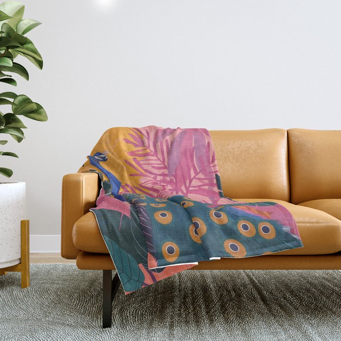 Tropical Peacock Among Pink Blossoms Throw Blanket Gallery Image 1