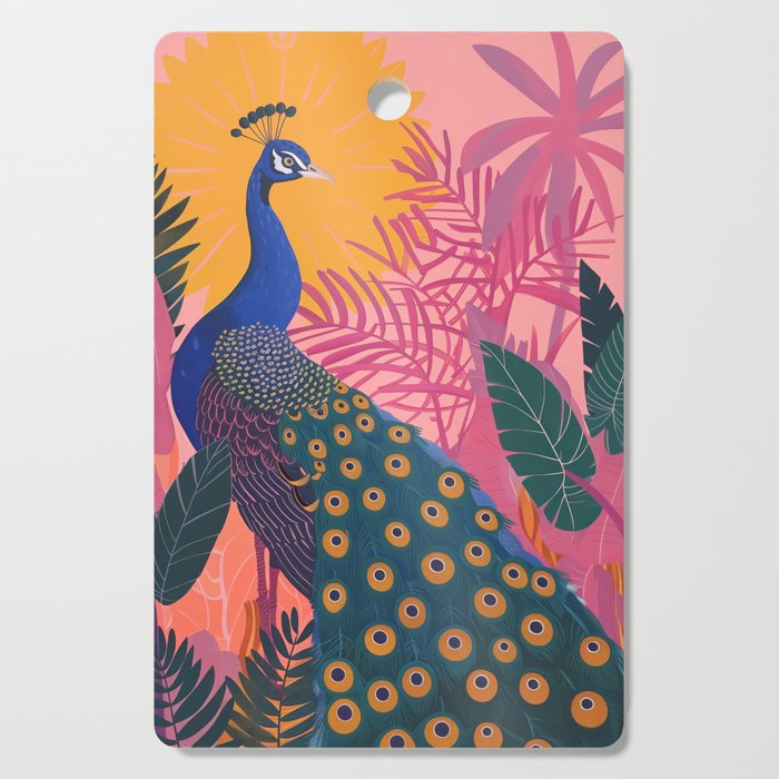 Tropical Peacock Among Pink Blossoms Cutting Board Gallery Image 1