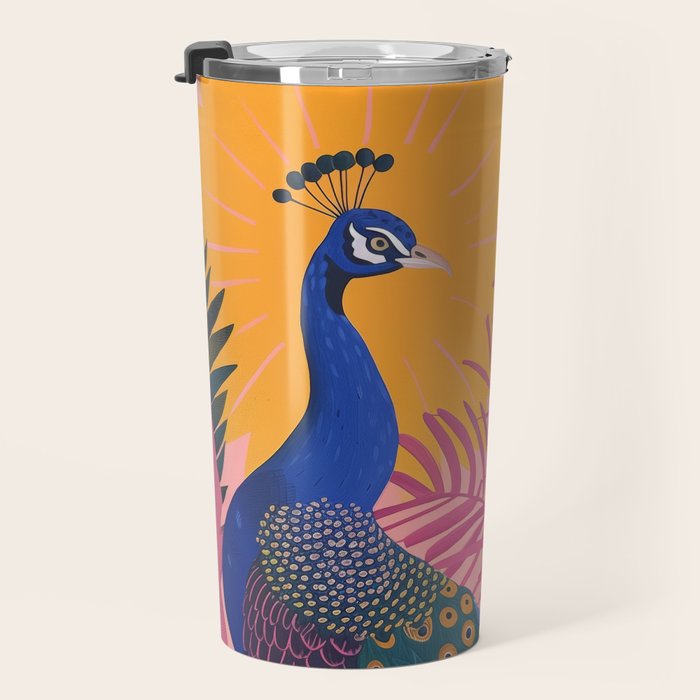 Tropical Peacock Among Pink Blossoms Travel Mug Gallery Image 3