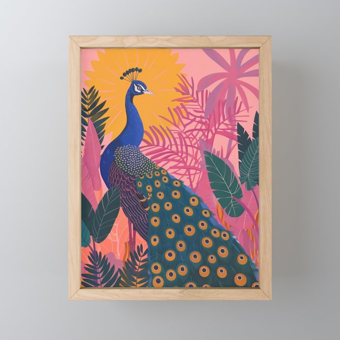 Tropical Peacock Among Pink Blossoms Mini Art Print Gallery Image 1