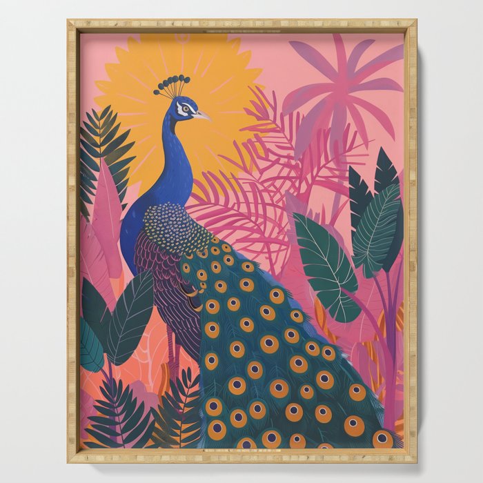 Tropical Peacock Among Pink Blossoms Serving Tray Gallery Image 1