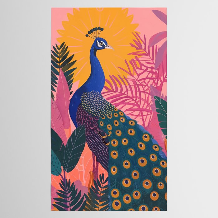 Tropical Peacock Among Pink Blossoms Tablecloth Gallery Image 2