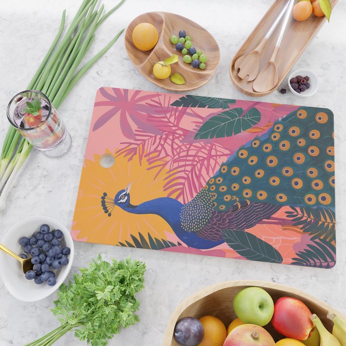 Tropical Peacock Among Pink Blossoms Cutting Board Gallery Image 2