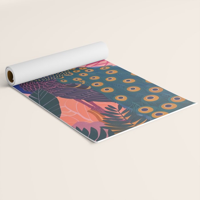 Tropical Peacock Among Pink Blossoms Yoga Mat Gallery Image 2