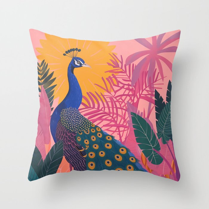 Tropical Peacock Among Pink Blossoms Throw Pillow Gallery Image 6