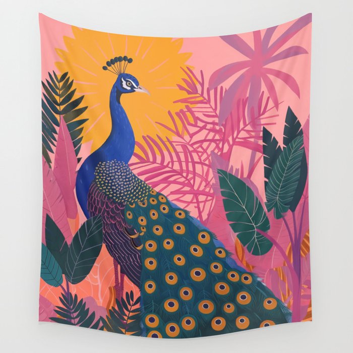 Tropical Peacock Among Pink Blossoms Wall Tapestry Gallery Image 1