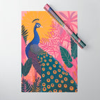 Tropical Peacock Among Pink Blossoms Wrapping Paper Gallery Image 1