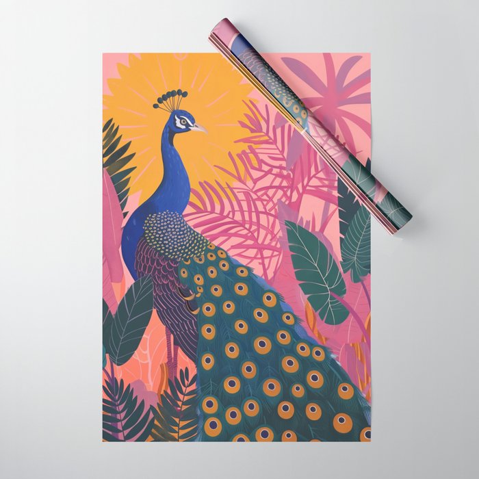 Tropical Peacock Among Pink Blossoms Wrapping Paper Gallery Image 1