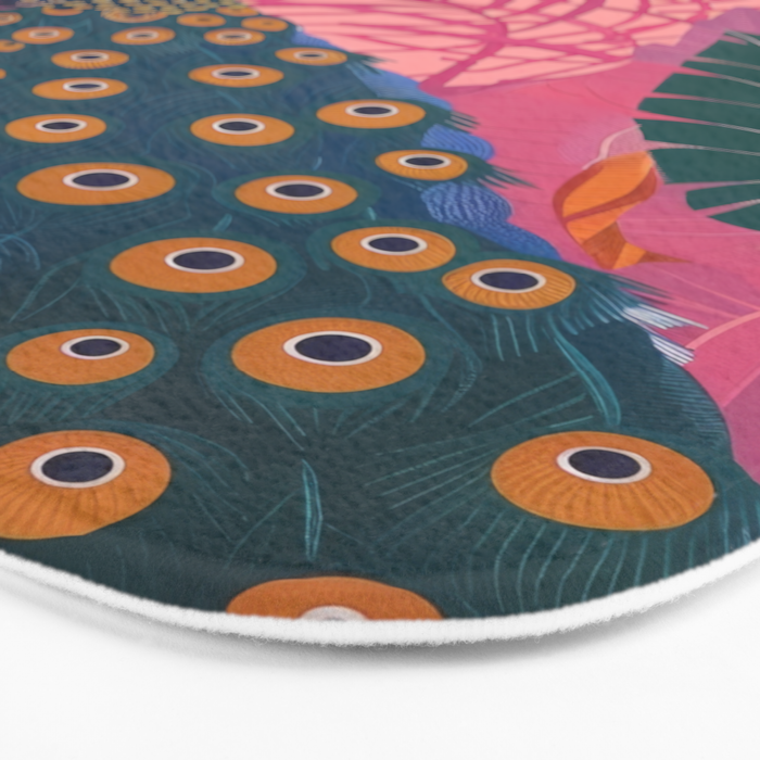 Tropical Peacock Among Pink Blossoms Bath Mat Gallery Image 3