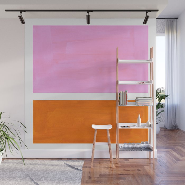 Pastel Neon Pink Yellow Ochre Mid Century Modern Abstract Minimalist Rothko Color Field Squares Wall Mural Gallery Image 1