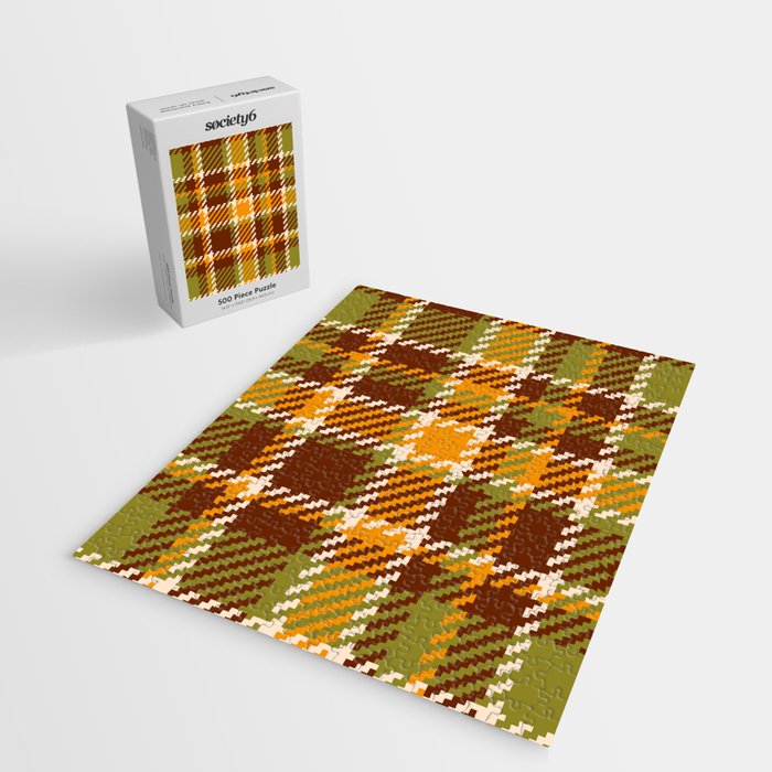 Retro 70s autumn tartan brown moss green mustard yellow pattern Jigsaw Puzzle Gallery Image 2
