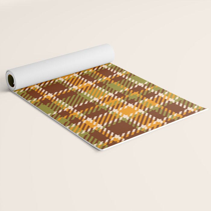 Retro 70s autumn tartan brown moss green mustard yellow pattern Yoga Mat Gallery Image 2