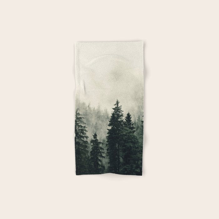 Thick pine forest in the descending mist Bath Towel Gallery Image 1