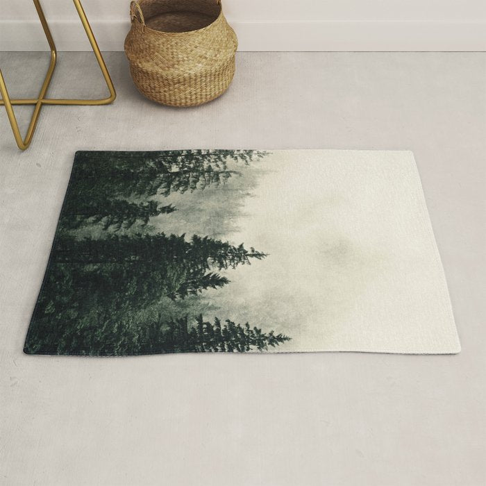 Thick pine forest in the descending mist Rug Gallery Image 1