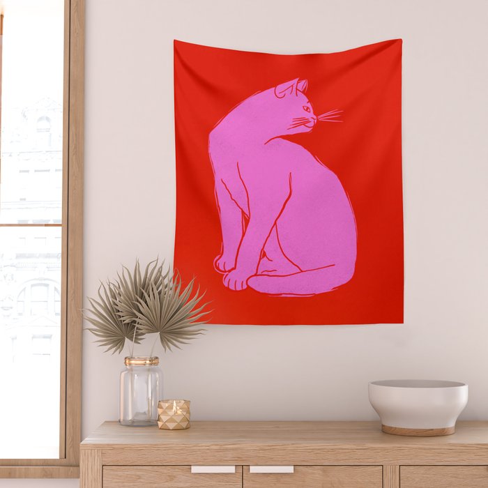 Pink Color Block Cat Wall Tapestry Gallery Image 2