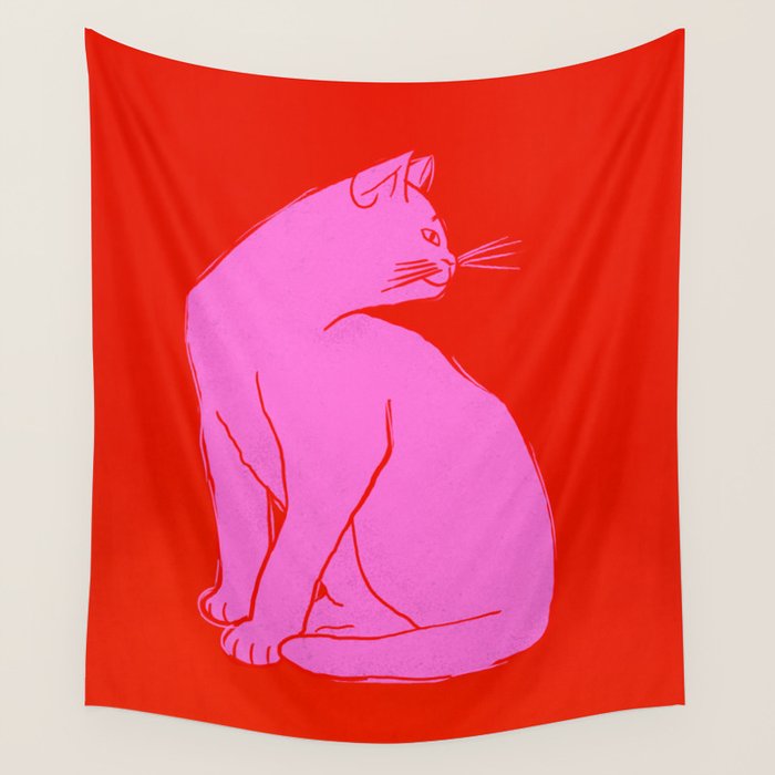 Pink Color Block Cat Wall Tapestry Gallery Image 1