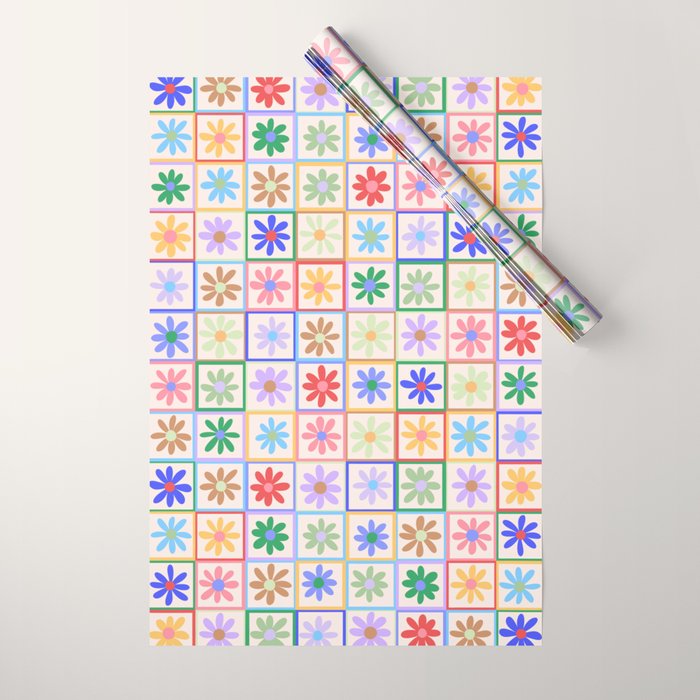 Cute Checkered Flowers in Beige  Wrapping Paper Gallery Image 1