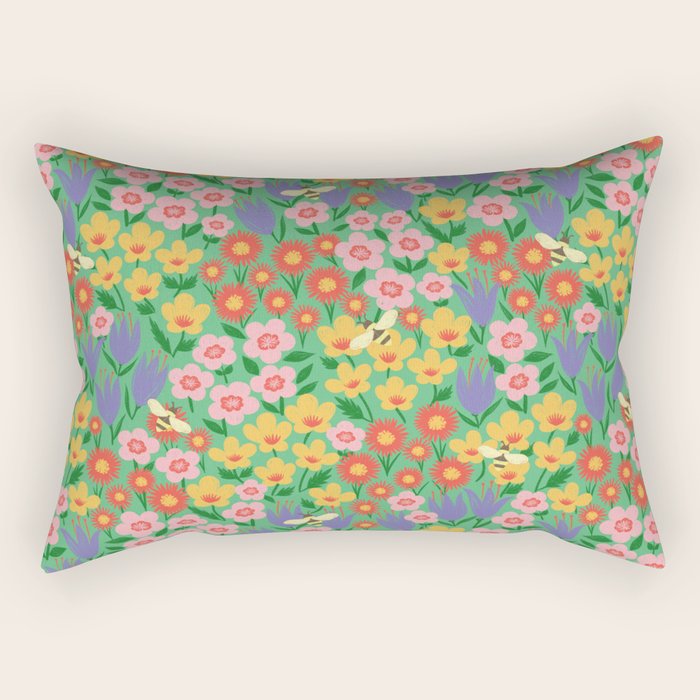Bright Colorful Floral Meadow with Bees Rectangular Pillow Gallery Image 2