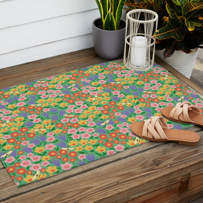 Bright Colorful Floral Meadow with Bees Outdoor Rug Gallery Image 2