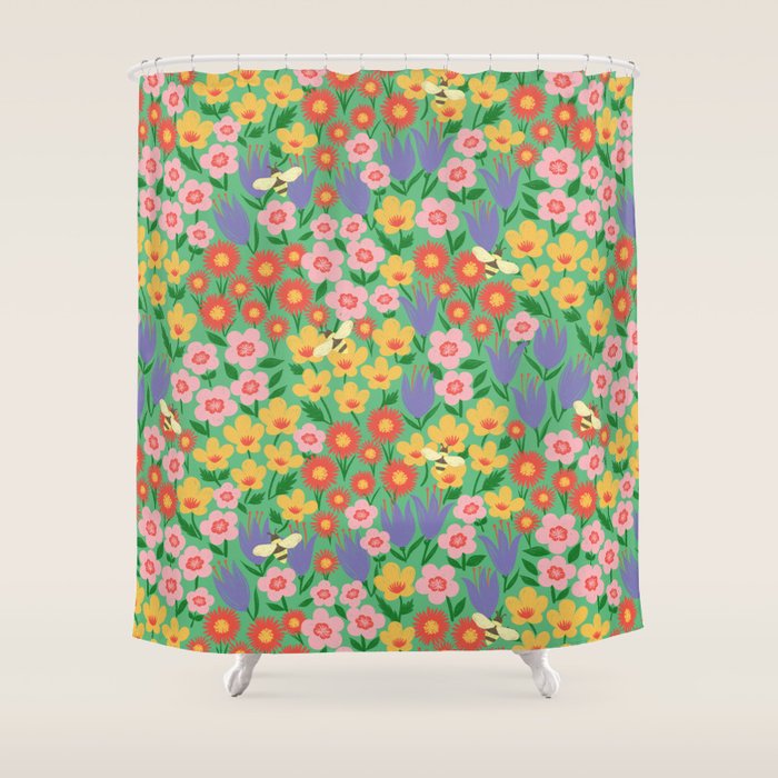 Bright Colorful Floral Meadow with Bees Shower Curtain Gallery Image 1