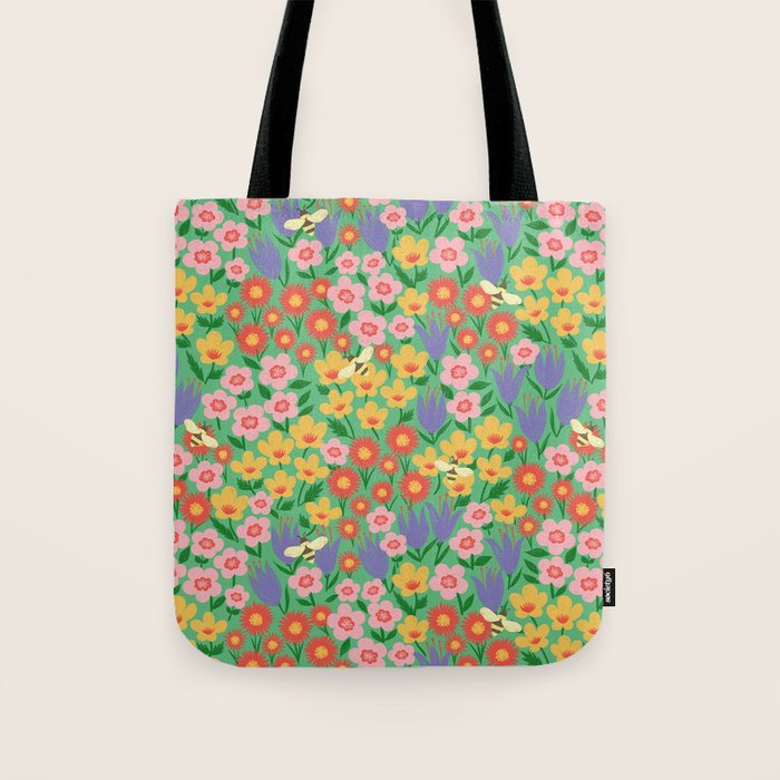 Bright Colorful Floral Meadow with Bees Tote Bag Gallery Image 1