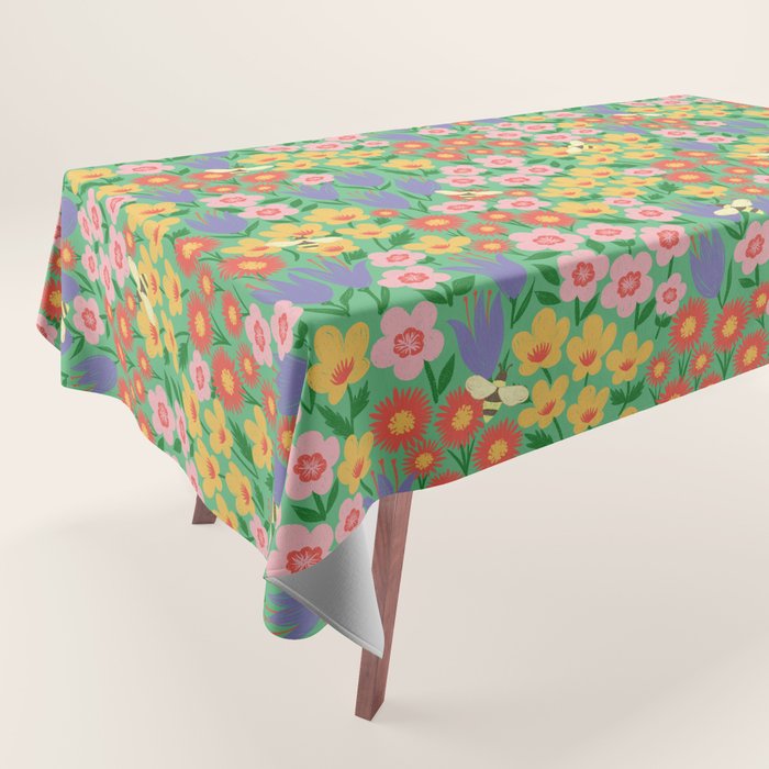 Bright Colorful Floral Meadow with Bees Tablecloth Gallery Image 1