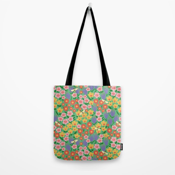 Bright Colorful Floral Meadow with Bees Tote Bag Gallery Image 2