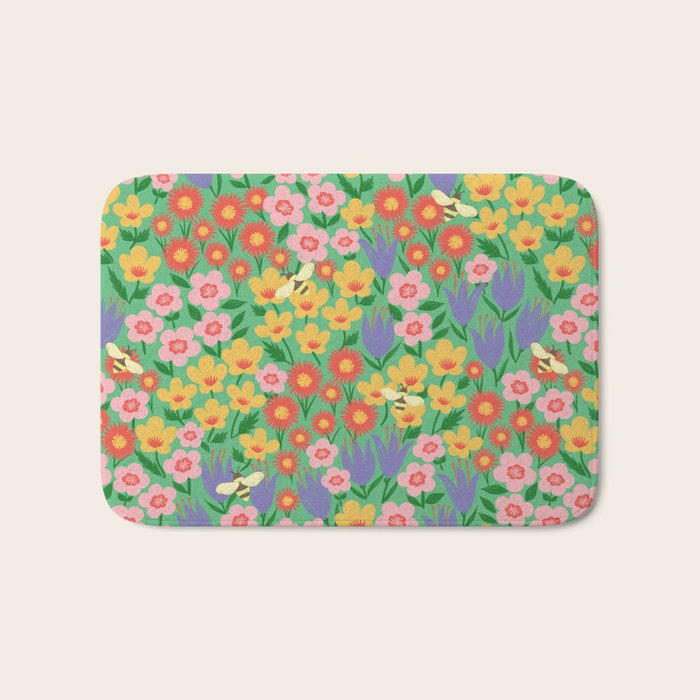 Bright Colorful Floral Meadow with Bees Bath Mat Gallery Image 1