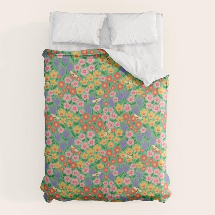 Bright Colorful Floral Meadow with Bees Duvet Cover Gallery Image 1
