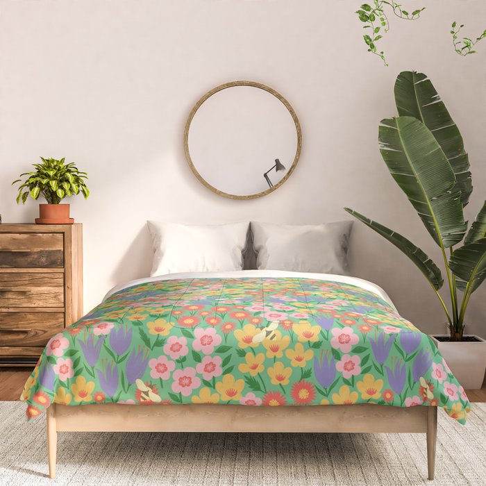 Bright Colorful Floral Meadow with Bees Comforter Gallery Image 3