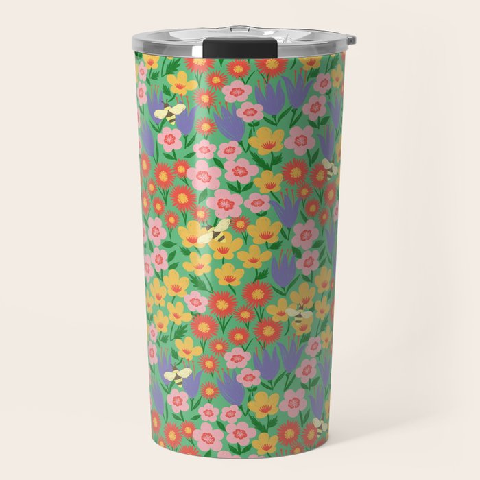 Bright Colorful Floral Meadow with Bees Travel Mug Gallery Image 1