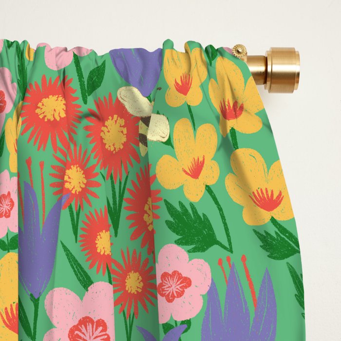 Bright Colorful Floral Meadow with Bees Window Curtain Gallery Image 2