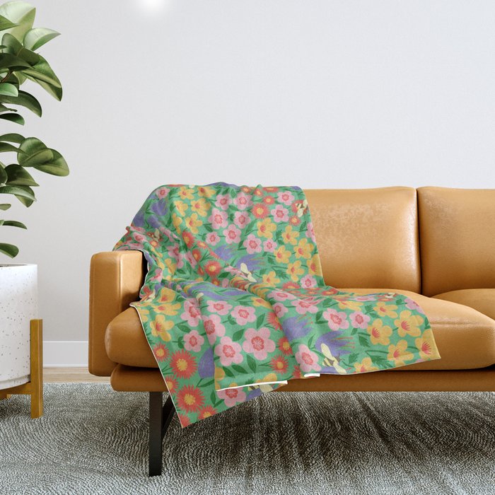 Bright Colorful Floral Meadow with Bees Throw Blanket Gallery Image 1