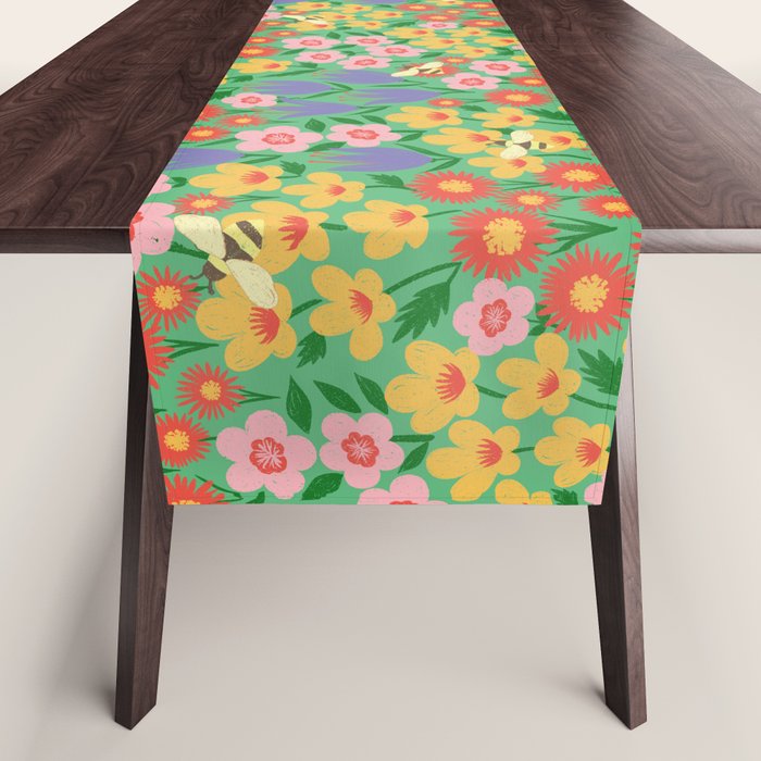 Bright Colorful Floral Meadow with Bees Table Runner Gallery Image 1
