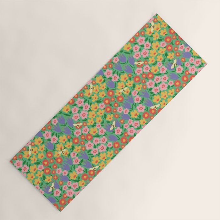 Bright Colorful Floral Meadow with Bees Yoga Mat Gallery Image 1