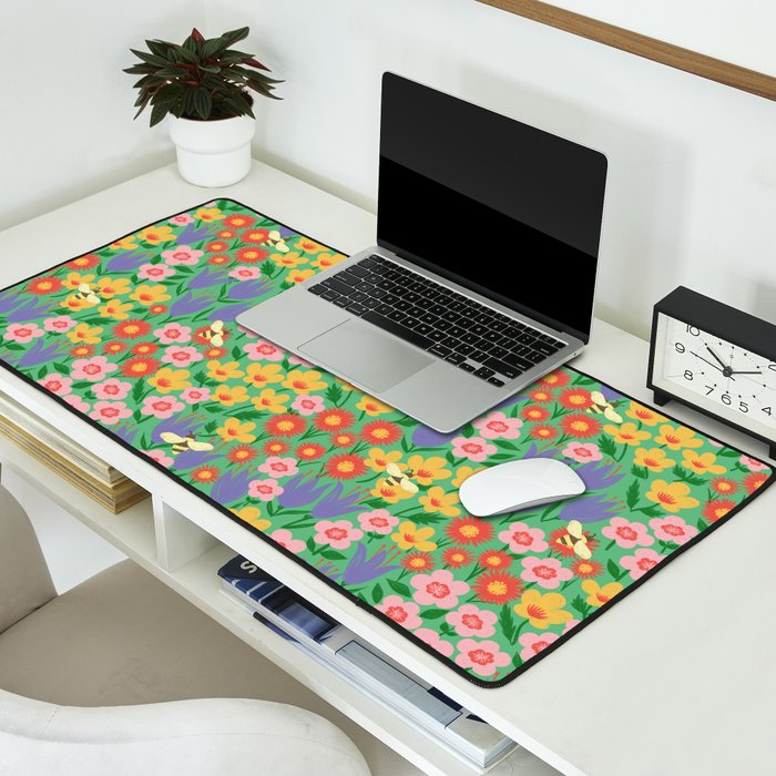 Bright Colorful Floral Meadow with Bees Desk Mat Gallery Image 2